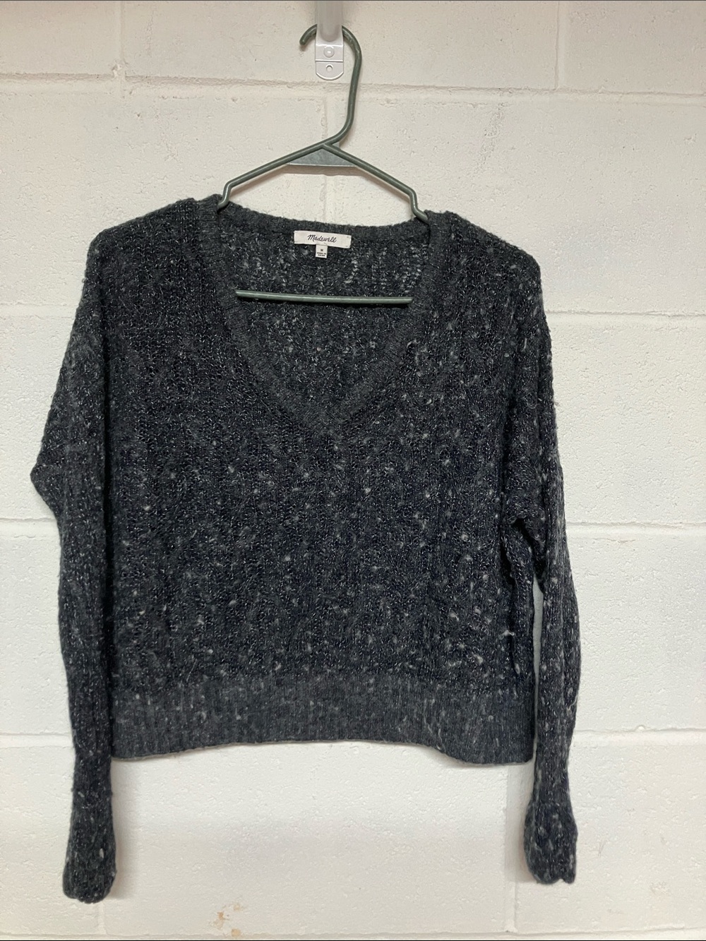 Madewell Dark Charcoal V-Neck Textured Knit Crop Sweater